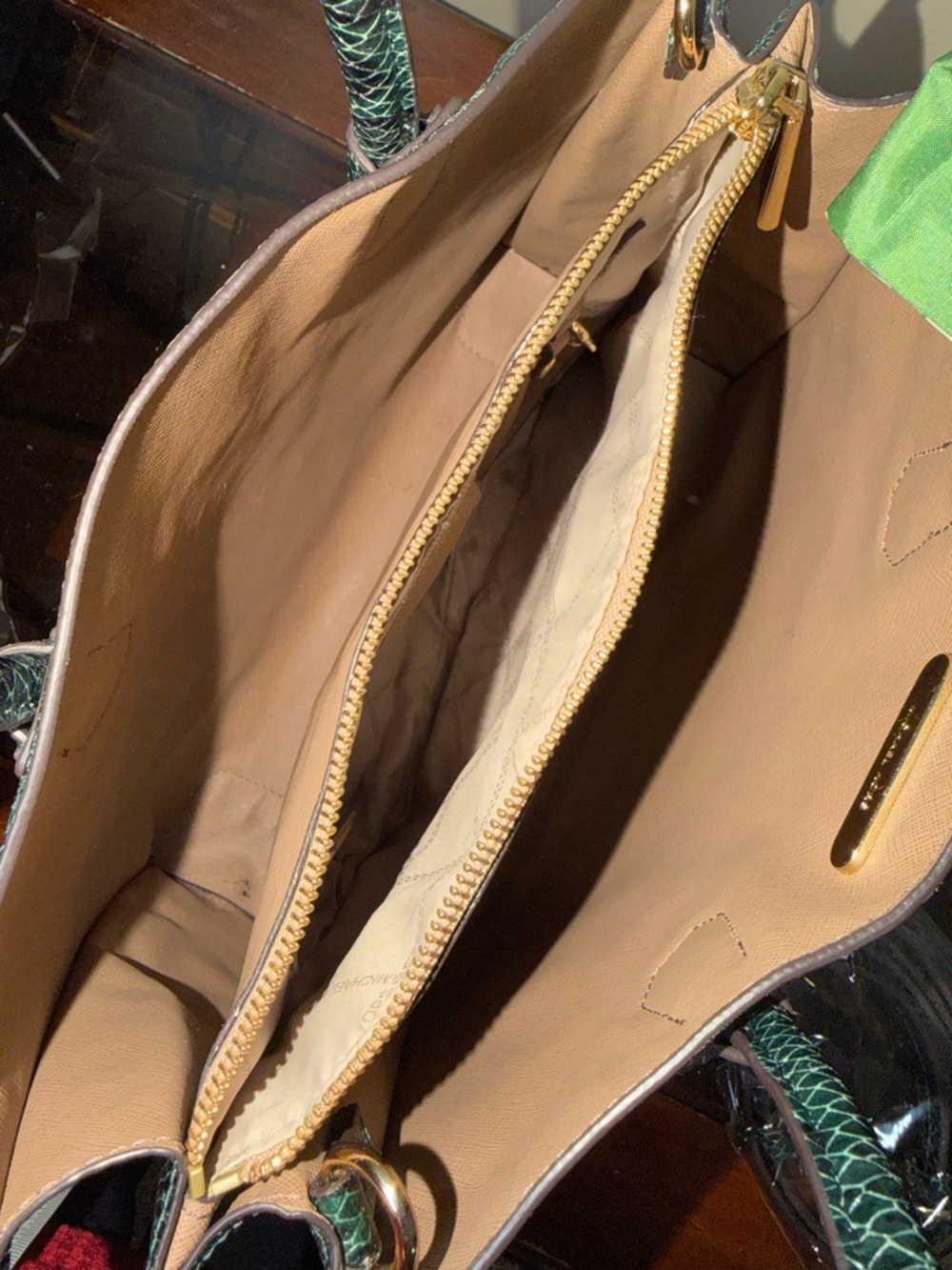 EUC Michael Kors Green Snake-Embossed Leather Tote with Green Scarf Accent - Picture 10 of 16